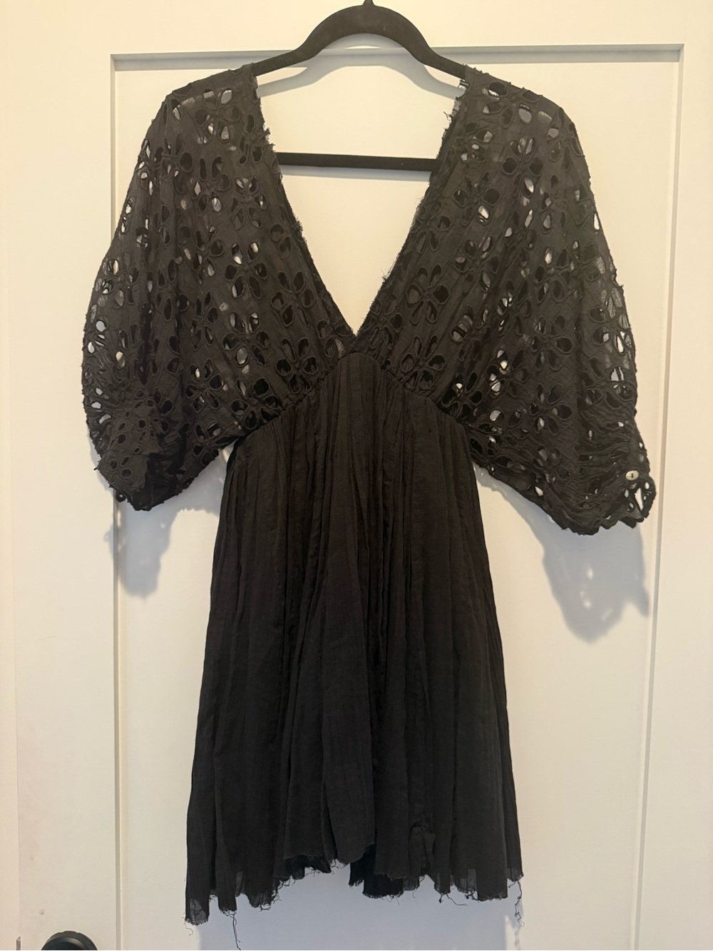 V-Neck Black Eyelet Mini Dress